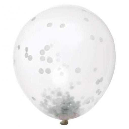 6 Balões Latex 12'' com confettis Prateado