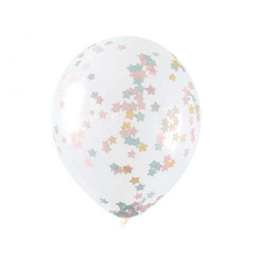 6 Balões Latex 12'' com confettis estrela Rosa, Azul & Dourado