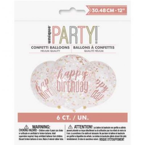 6 Balões Latex 12'' com confettis Rose Gold