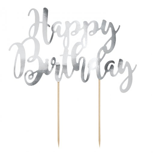 Topo de Bolo 'Happy Birthday' Prateado 22,5cm