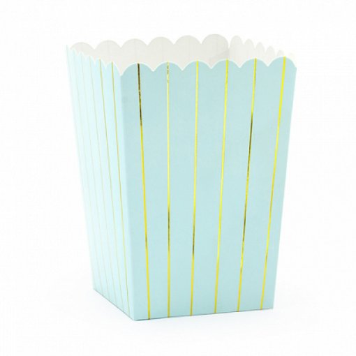 6 Caixas de Pipocas Azul Claro com Riscas Douradas